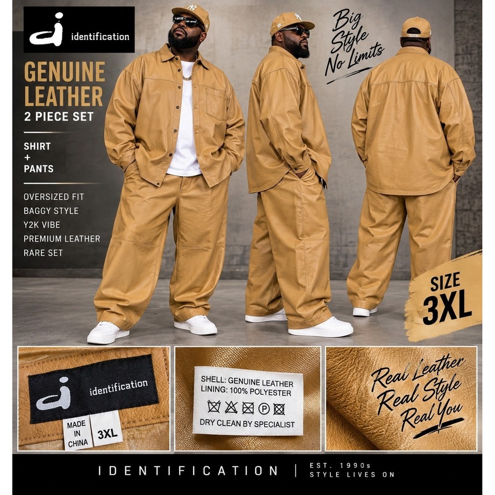 Identification 3XL Genuine Leather 2 Piece Set Baggy Pants Shirt Y2K Hip Hop